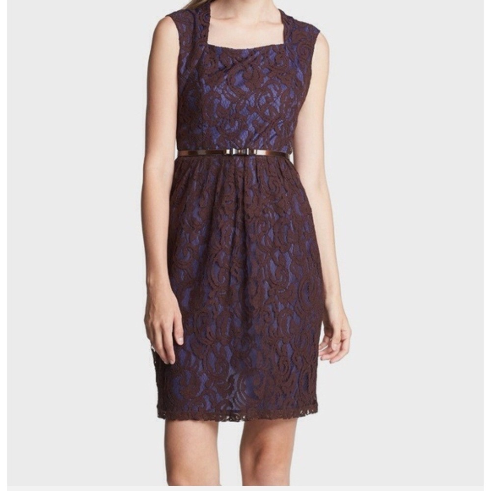 NWT Ellen Tracy Sheath Dress Lace Overlay Sz 16 Plum Brown Sleeveless Career NEW